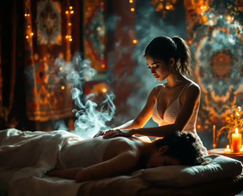 Terapeuta profesional realizando un masaje tántrico en Bless Spa, creando un ambiente de relajación y bienestar.